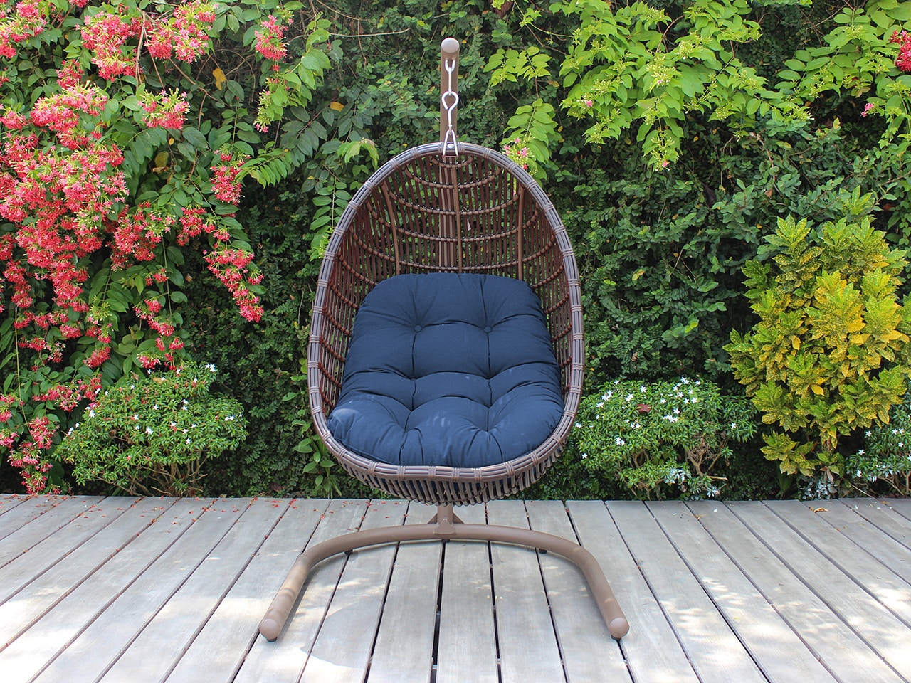 chocolate outdoor wicker with spectrum indigo cushion hanging chair swing