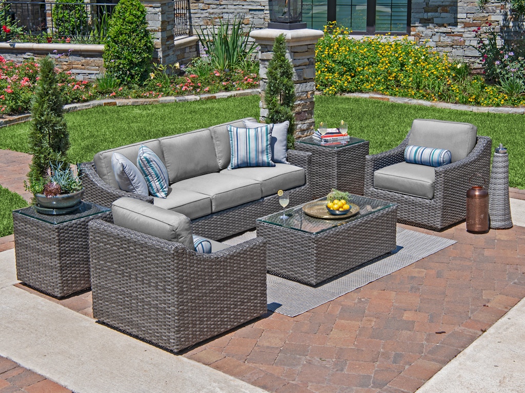 Horizon Saddle Grey Aluminum And Resin Wicker 3 Pc Cushion Sofa Group With 44 X 24 In Glass Top Coffee Table Horizon Saddle Grey Aluminum And Resin Wicker 3 Pc Cushion Sofa Group With 44 X 24 In Glass Top Coffee Table