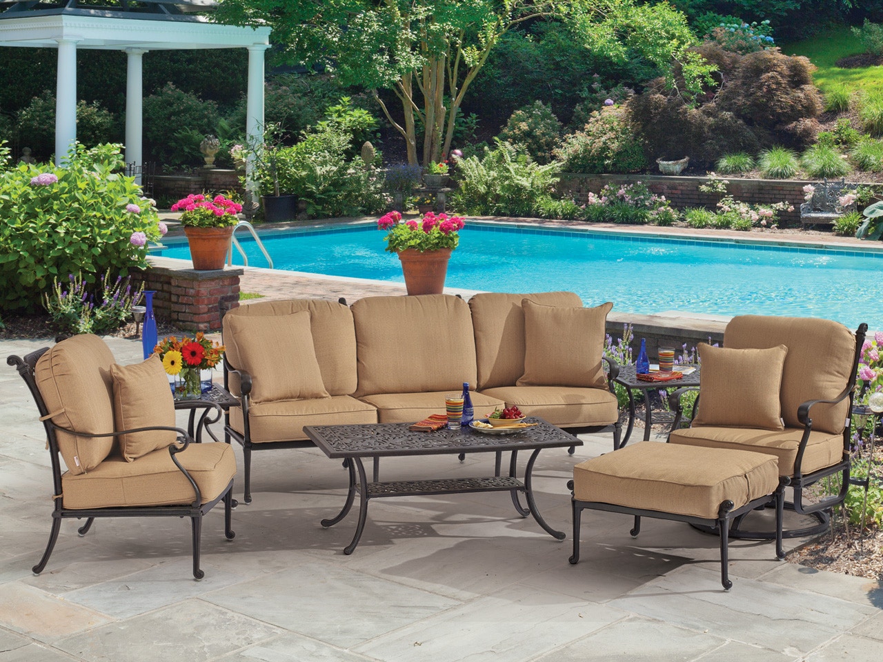 Living Room Naples Aged Bronze Cast Aluminum And Beige Cushion 4 Pc Seating Group With 45 X 24 In