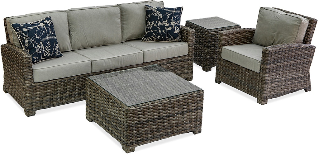Contempo Cushion Weathered Teak Aluminum And Outdoor Wicker 3 Pc Sofa Group With 32 In Coffee Table