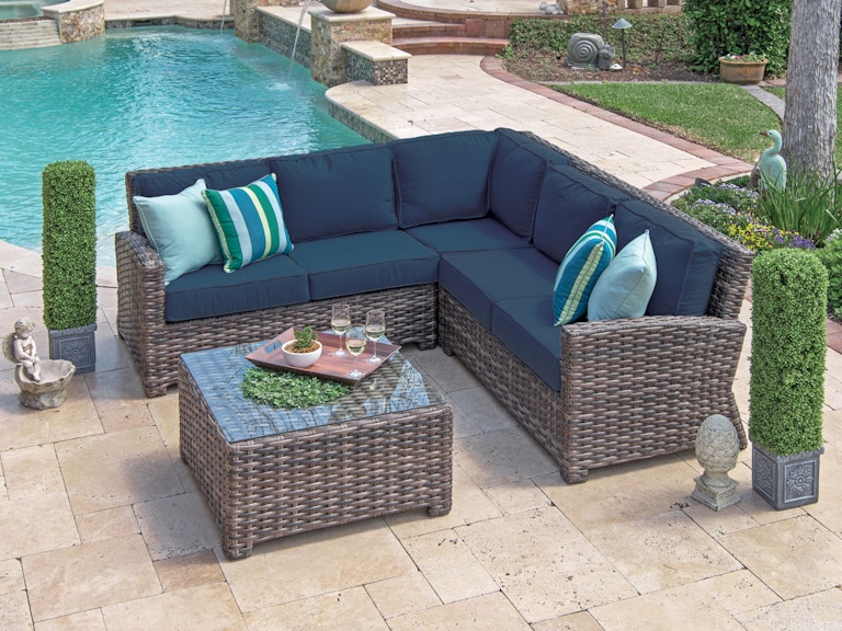 Contempo Weathered Teak Aluminum And Resin Wicker 4 Pc Cushion Sectional Sofa Group With 32 In Gl Top Coffee Table Contempo Weathered Teak Aluminum And Resin Wicker 4 Pc Cushion Sectional Sofa Group With 32 In Gl Top Coffee Table