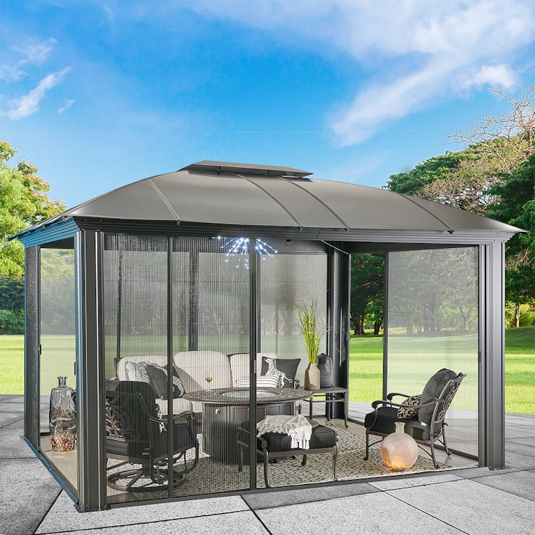Living Room Sienna Black Aluminum Hard Top 12 x 14 in. Gazebo with Sliding Screen 8400404