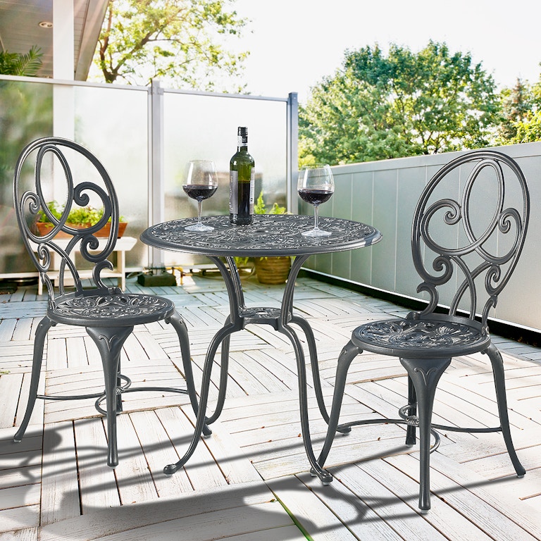Living Room Chateaux Saddle Grey Cast Aluminum 3 Pc Bistro Set With 28 In Bistro Table 7684562