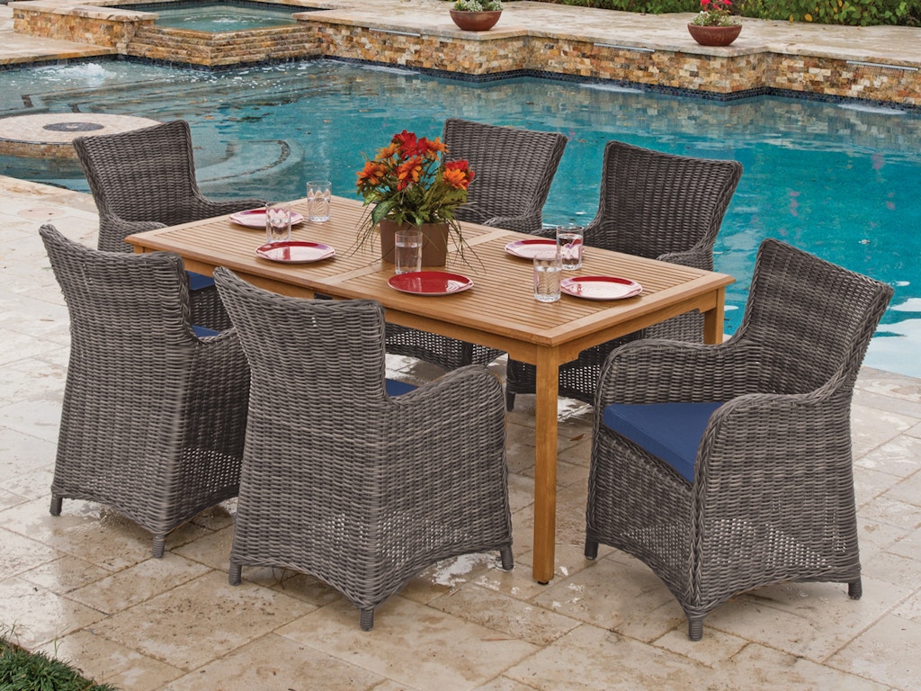 Living Room Mandalay Husk Outdoor Wicker And Teak With Indigo Cushion 7 Pc Dining Set With 71 X 39