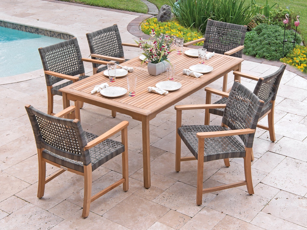Living Room Hampton Teak And Resin Wicker 7 Pc Dining Set With 71 X 39 In Dining Table 7151717