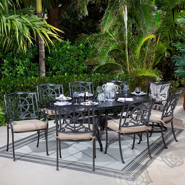 Living Room Yacht Club Matte Black Cast Aluminum 9 Pc Dining Set With 87 X 48 In Oval Table