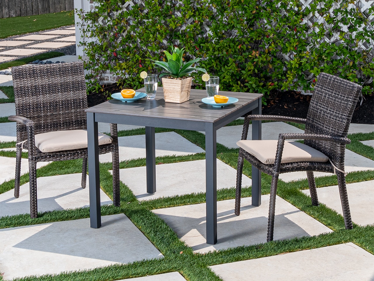 Living Room Contempo Dark Grey Aluminum And Husk Outdoor Wicker 3 Pc Dining Set With 33 X 33 In