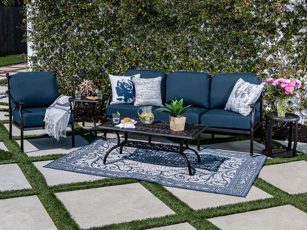 Living Room Milan Aged Bronze Cast Aluminum And Navy Cushion 3 Pc Sofa Group With 45 X 24 In