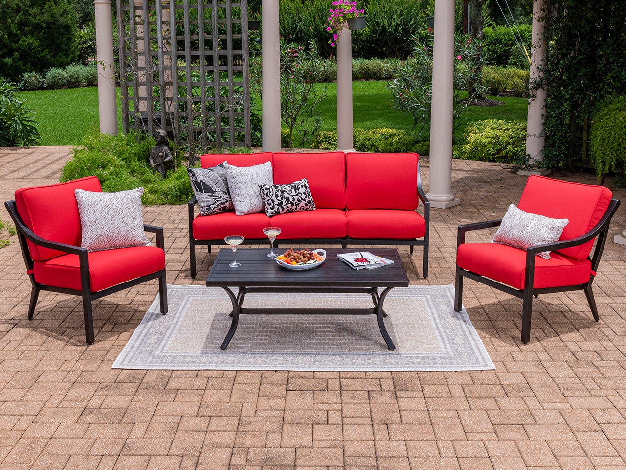 Living Room Hill Country Aged Bronze Aluminum And Jockey Red Cushion 4 Pc Sofa Group With 48 X 28