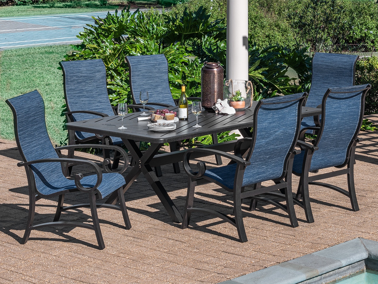 Living Room Solstice Aged Bronze Aluminum And Collect Indigo 7 Pc Sling Dining Set With 84 X 42