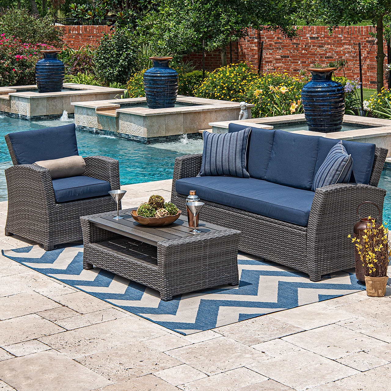 Living Room Avalon Weathered Willow Aluminum And Outdoor Wicker 3 Pc Indigo Cushion Sofa Group