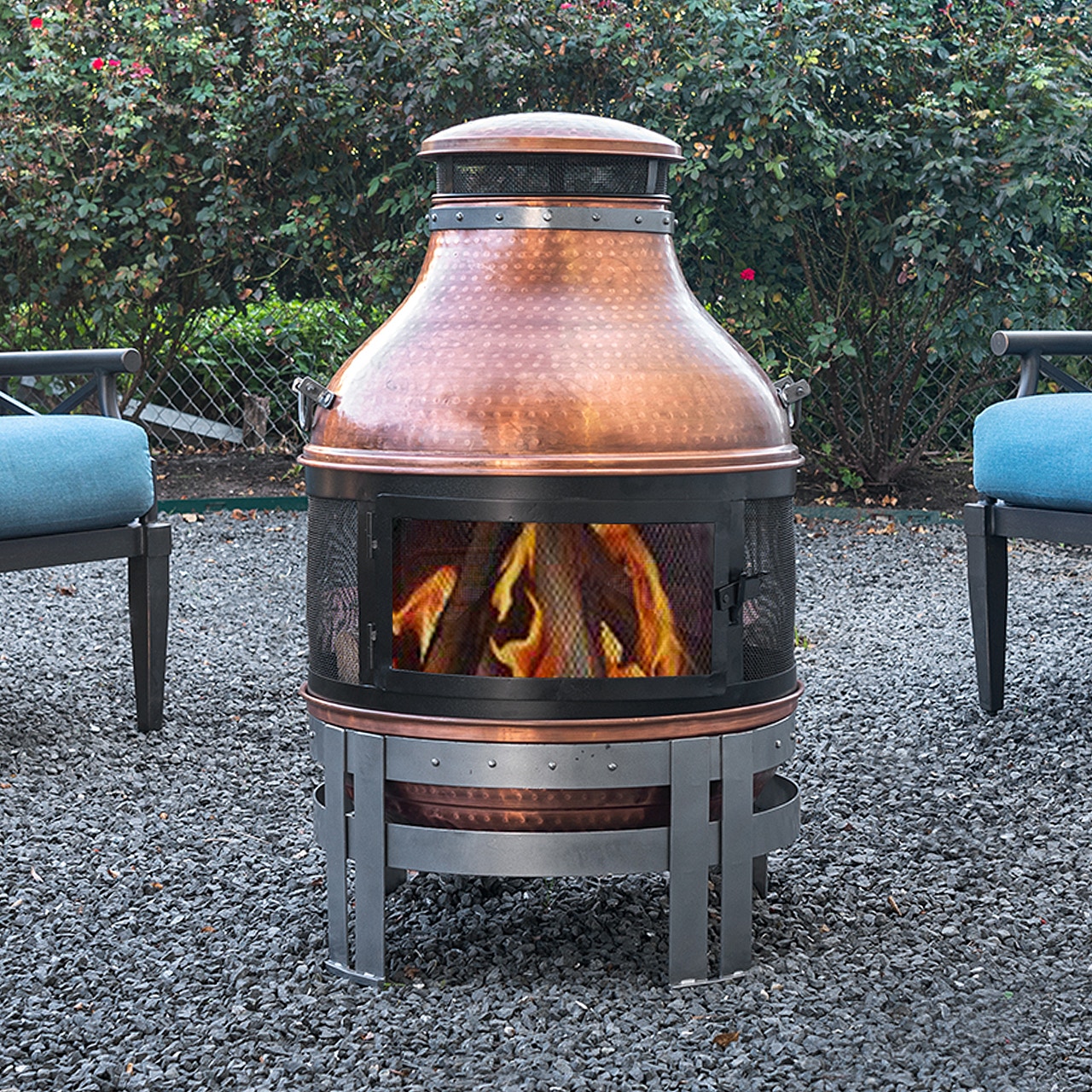 Outdoor/Patio 39 in. H Solid Copper Chiminea Fire Pit with Wrought Iron