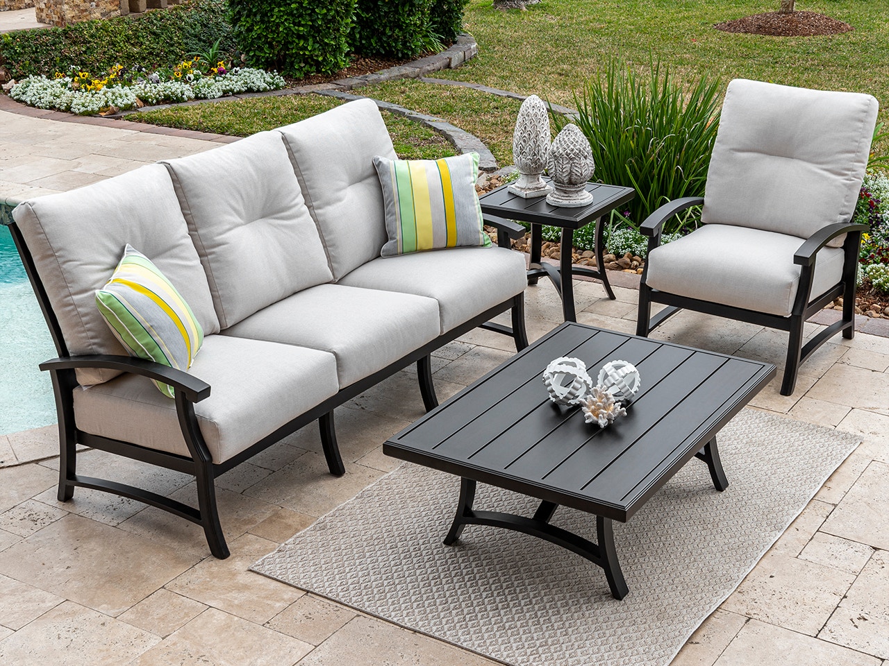 Living Room Lodge Aged Bronze Aluminum And Essential Flax Cushion 3 Pc Sofa Group With 48 X 32 In
