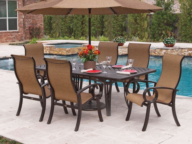 Outdoor Patio Eclipse Sling Aluminum 7 Pc Dining Set With 84 X 42