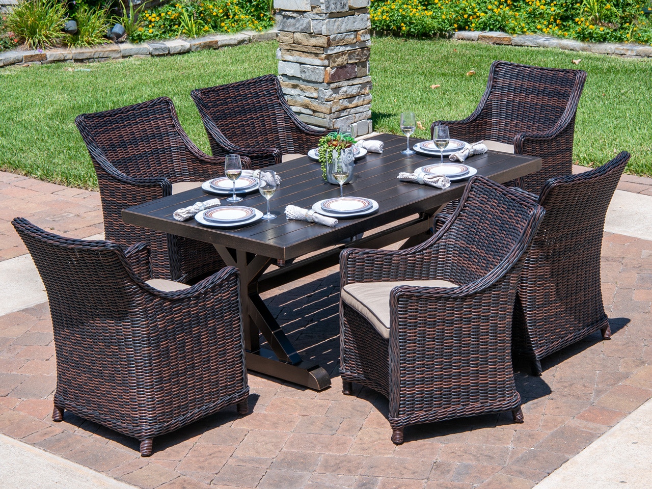 Outdoor Patio Malibu Sangria Aluminum And Outdoor Wicker 7 Pc
