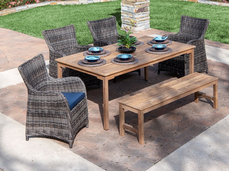 Mandalay Solid Teak Aluminum Outdoor Wicker 6 Pc Bench Dining Setwith 71 X 39 In Solid Teak Dining Table