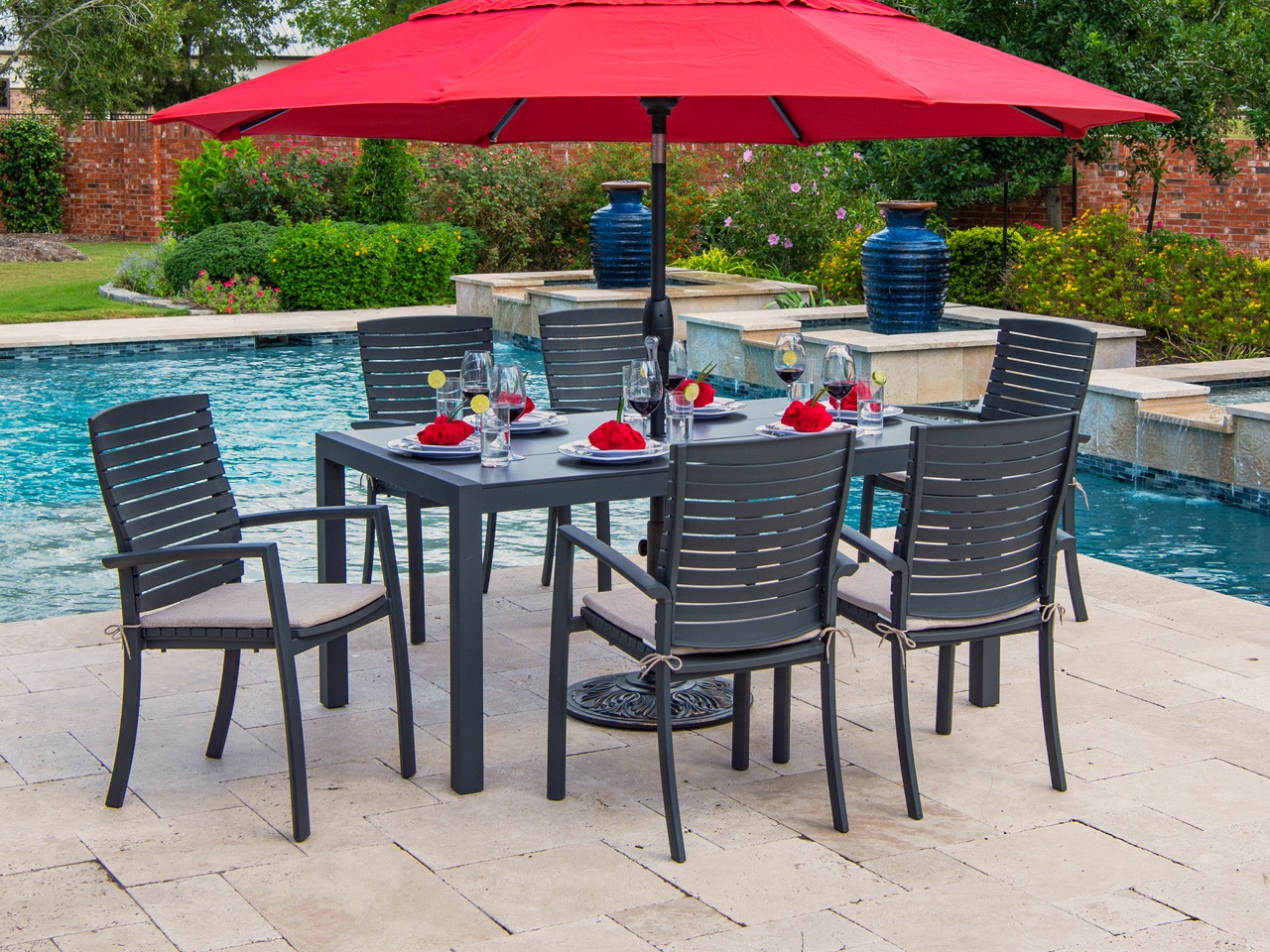 Living Room Miami Dark Grey Aluminum And Cappucino Cushion 7 Pc Dining Set With 63 X 36 In Dining