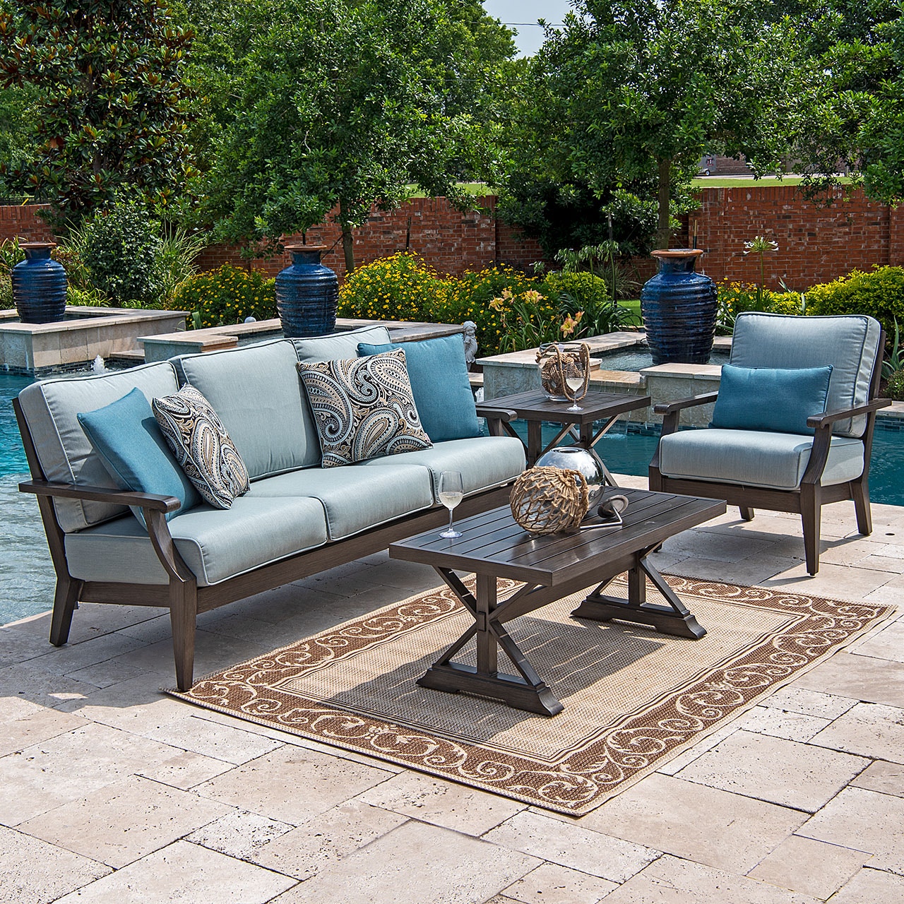 Outdoor Patio Monaco Weathered Teak Aluminum 3 Pc Cushion Sofa