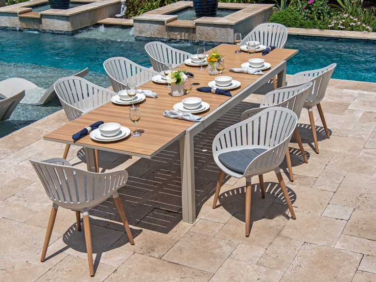 Palmetto C Sand Aluminum And Injection Molded Plastic 9 Pc Cushion Dining With 118 81 X 37 In Extension Table
