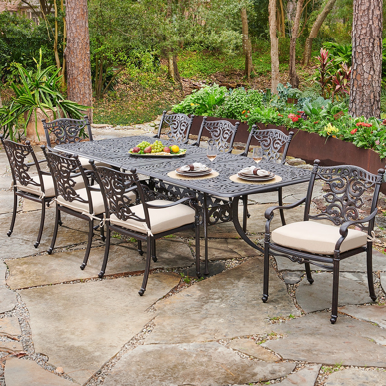 Living Room St. James Desert Bronze Cast Aluminum 9 Pc. Dining Set with 76100 x 42 in. Extension