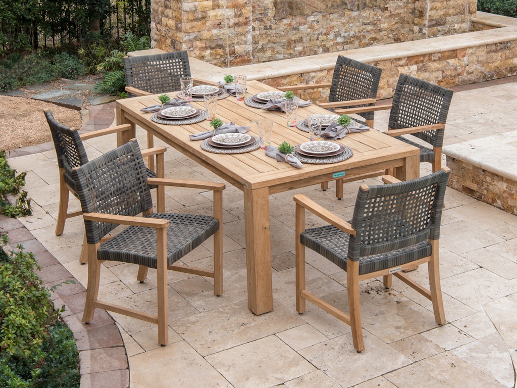 Living Room Hampton Driftwood Aluminum Outdoor Wicker And Solid Teak 7 Pc Dining Set With 79 X 43