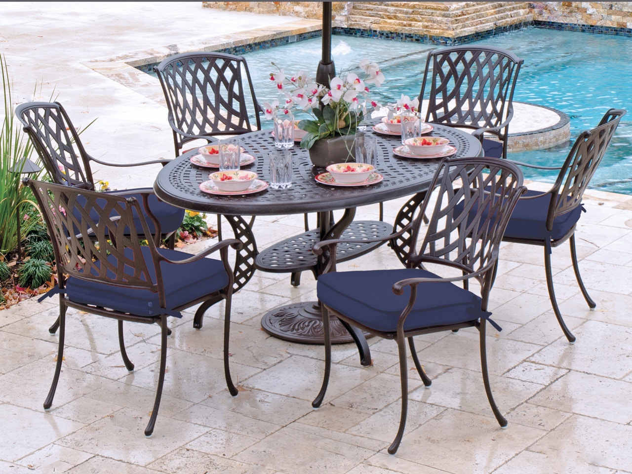 Living Room Tivoli Aged Bronze Cast Aluminum 7 Pc Dining Set With 66 X 44 In Dining Table 2229764