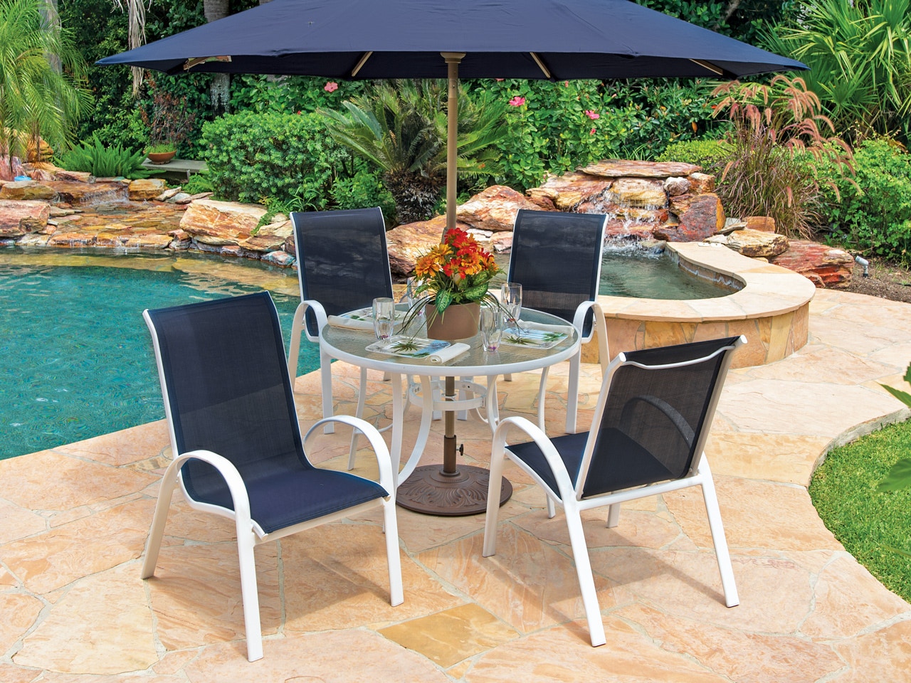 Outdoor Patio Cape Cod White Aluminum 5 Pc Navy Sling Dining Set