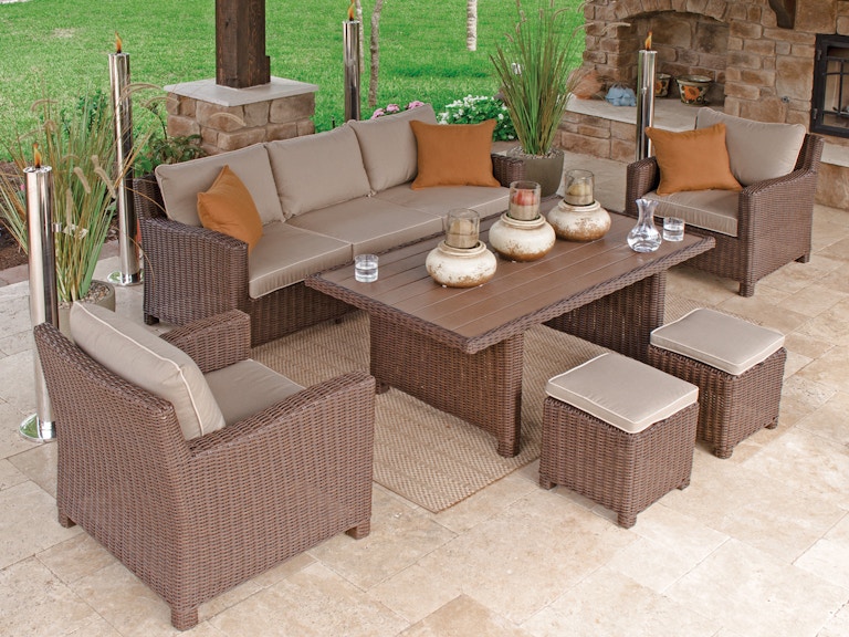 Panama Pecan Aluminum And Resin Wicker 4 Pc Cushion Lounge Dining Set With 59 X 33 In Slat Top Table Panama Pecan Aluminum And Resin Wicker 4 Pc Cushion Lounge Dining Set With 59 X 33 In Slat Top Table
