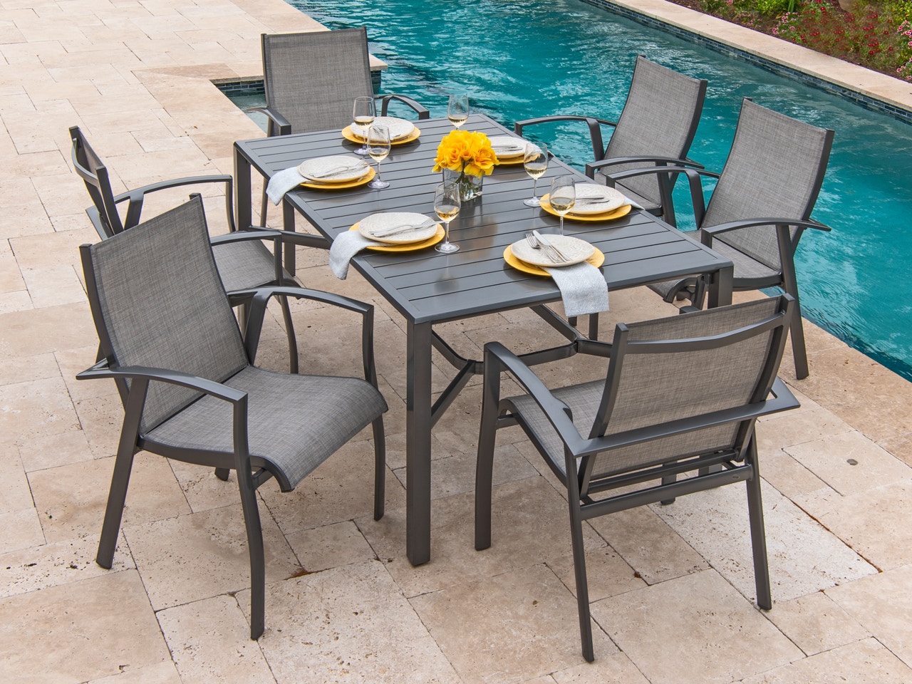 Outdoor Patio Ventura Pewter Aluminum 7 Pc Sling Dining Set With