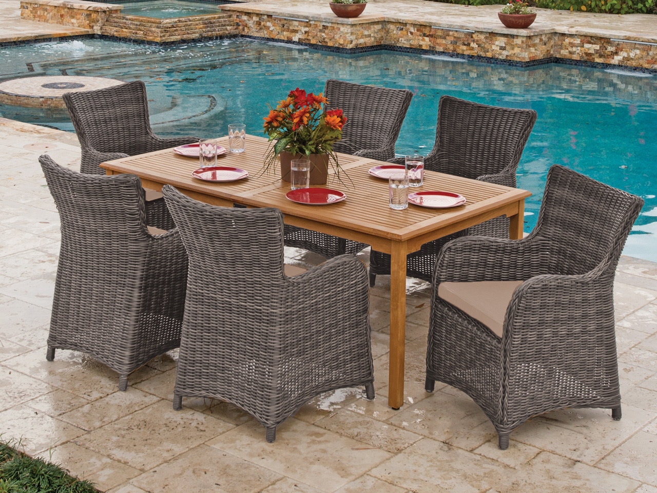 Outdoor Patio Mandalay Husk Outdoor Wicker And Teak 7 Pc Cast Ash