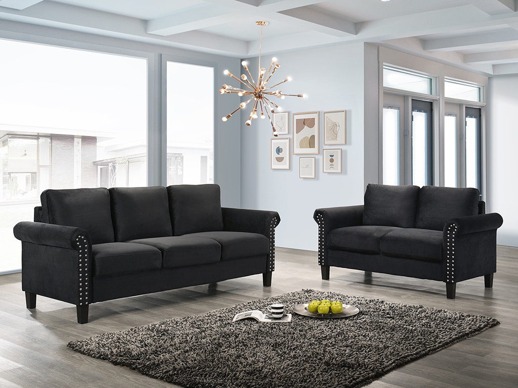 New Classic Alani Sofa and Loveseat UKD16Set-BLACK