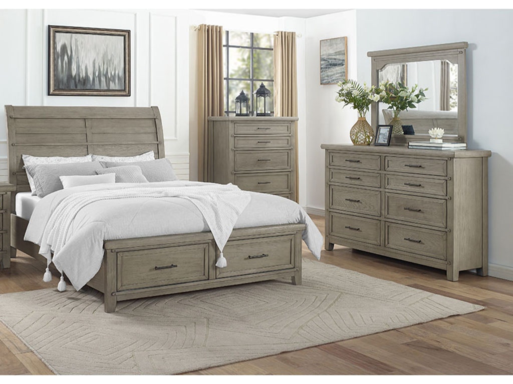 New Classic FAIRFAX 4 Piece Set - Queen Storage Bed, Dresser, Mirror, Chest - DRIFTWOOD B704W4PCCH