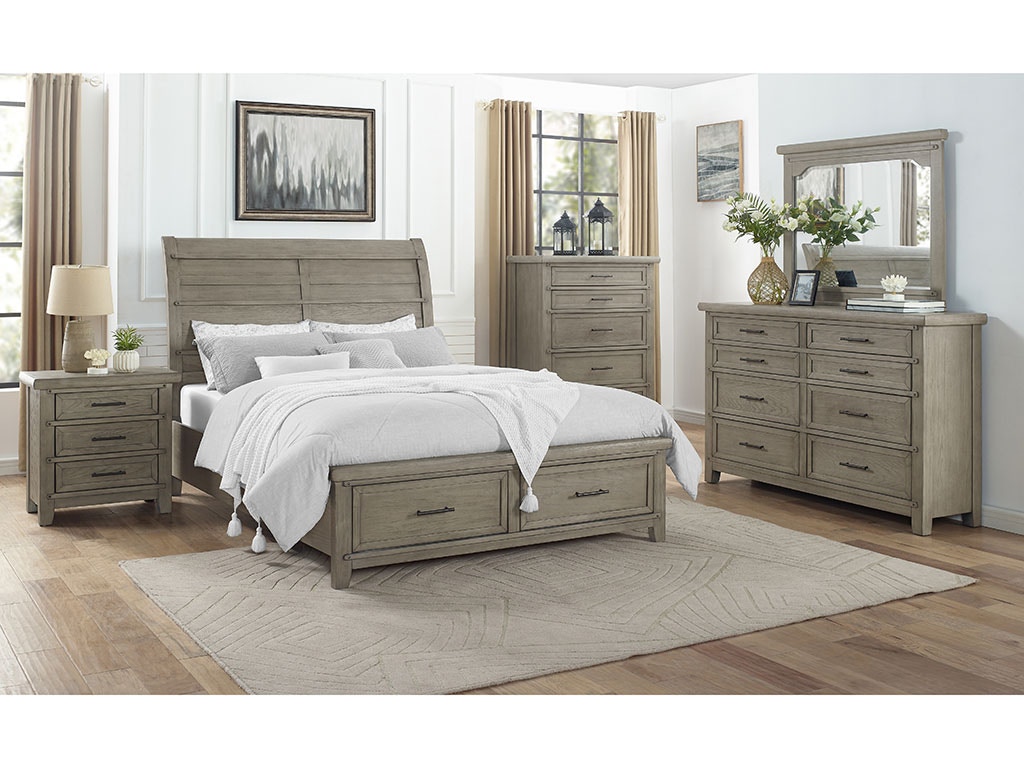 New Classic FAIRFAX 5 Piece Set - Queen Storage Bed, Dresser, Mirror, Nightstand, Chest - DRIFTWOOD B704W5PC