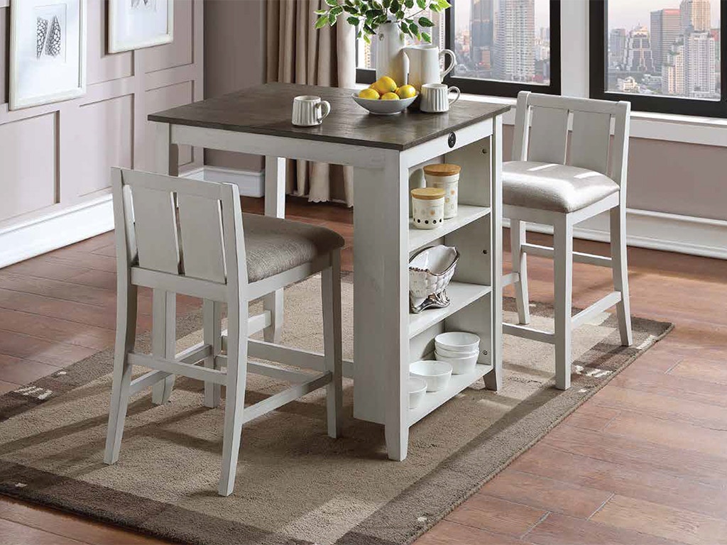 New Classic HESTON 36 STORAGE COUNTER TABLE + 2 CHAIRS - TWO TONE D5773-32-WHT