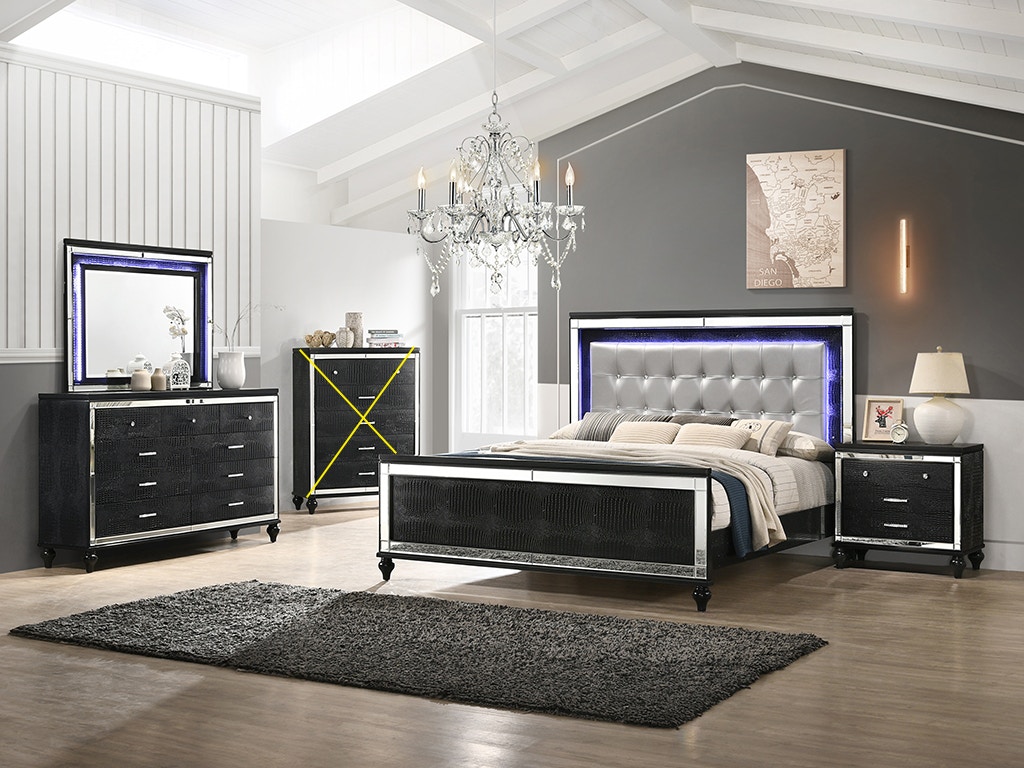Valentino 4 Piece Set - Queen Bed, Dresser, Lighted Mirror, Nightstand - Silver