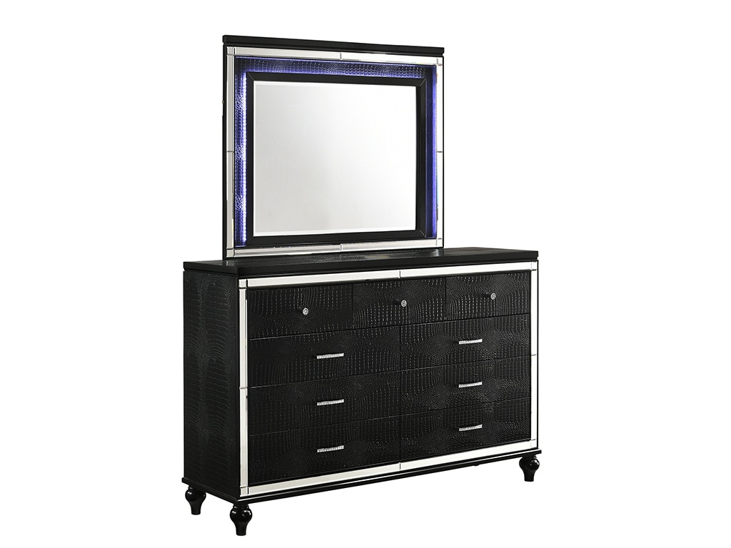 New Classic Bedroom VALENTINO 3 Piece Set - Queen Bed, Dresser, Lighted  Mirror - BLACK BA96983PC