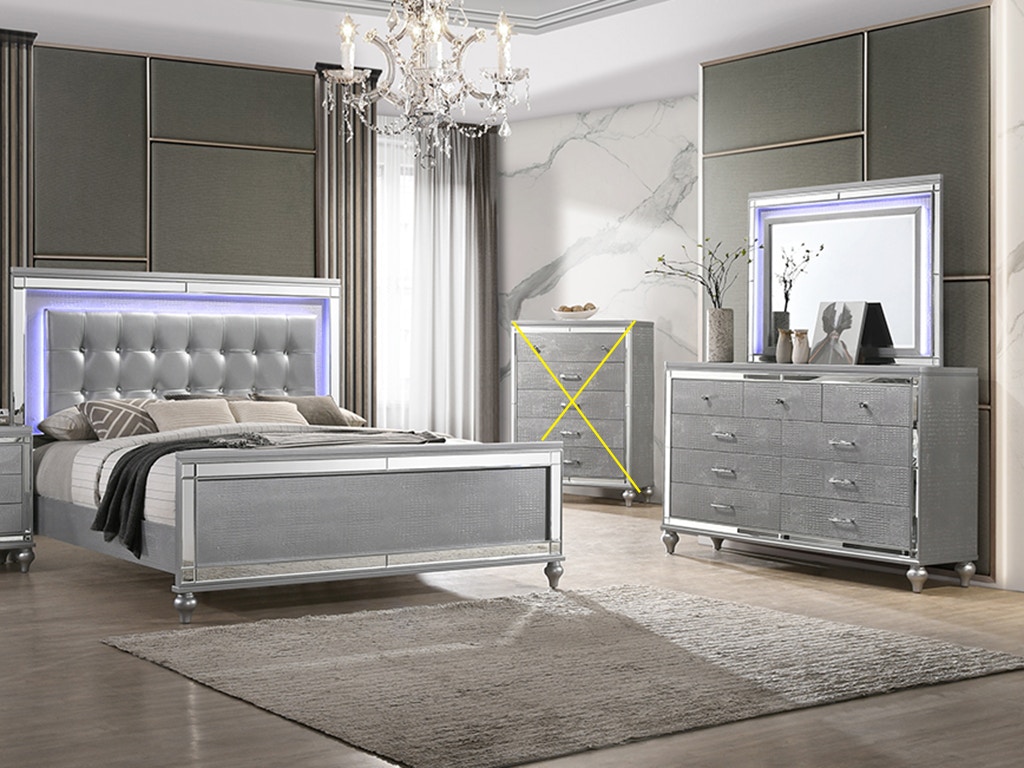 New Classic Bedroom VALENTINO 3 Piece Set - Queen Bed, Dresser, Lighted  Mirror - SILVER BA9698S3PC