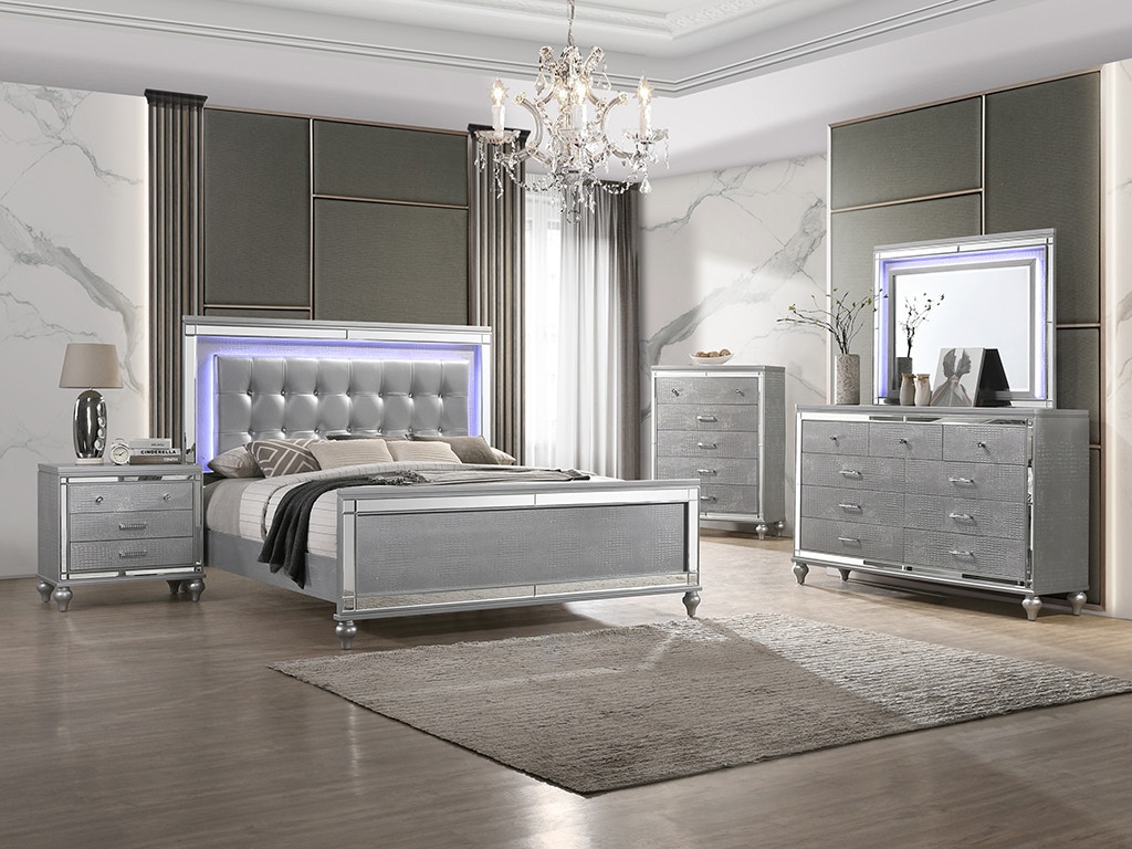 New Classic VALENTINO 5 Piece Set - Queen Bed, Dresser, Lighted Mirror, Nightstand, Chest - SILVER BA9698S5PC