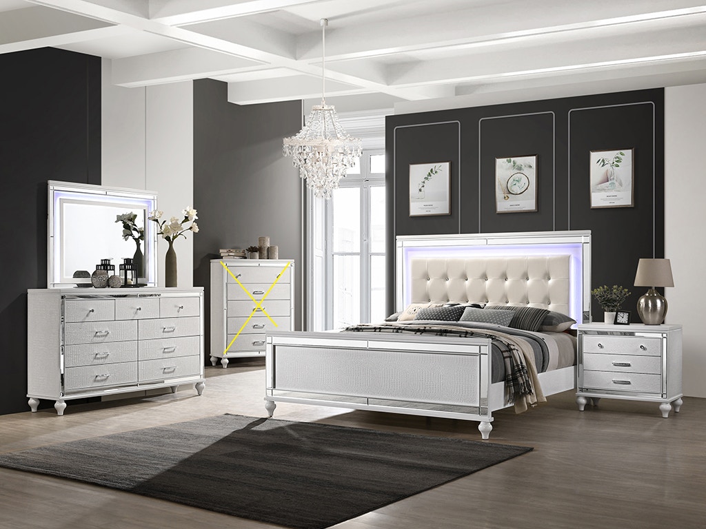 New Classic VALENTINO 4 Piece Set - Queen Bed, Dresser, Lighted Mirror, Nightstand BA9698W4PC