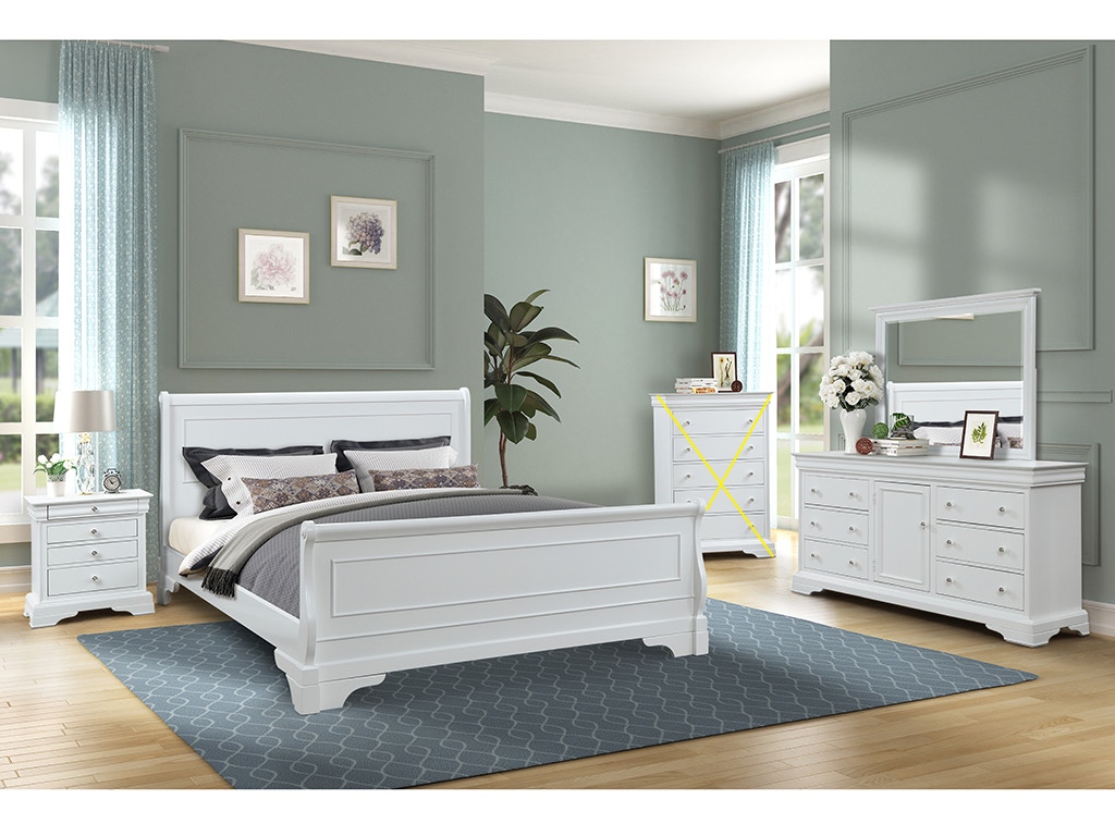 New Classic Versailles 4 Piece Set - Queen Sleigh Bed, Dresser, Mirror, Nightstand - WHITE BH1040W4PC