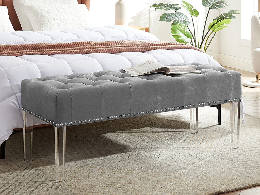 New Classic VIVIAN GRAY VELVET BENCH WITH CRYSTAL BUTTONS SB006-25-LGY