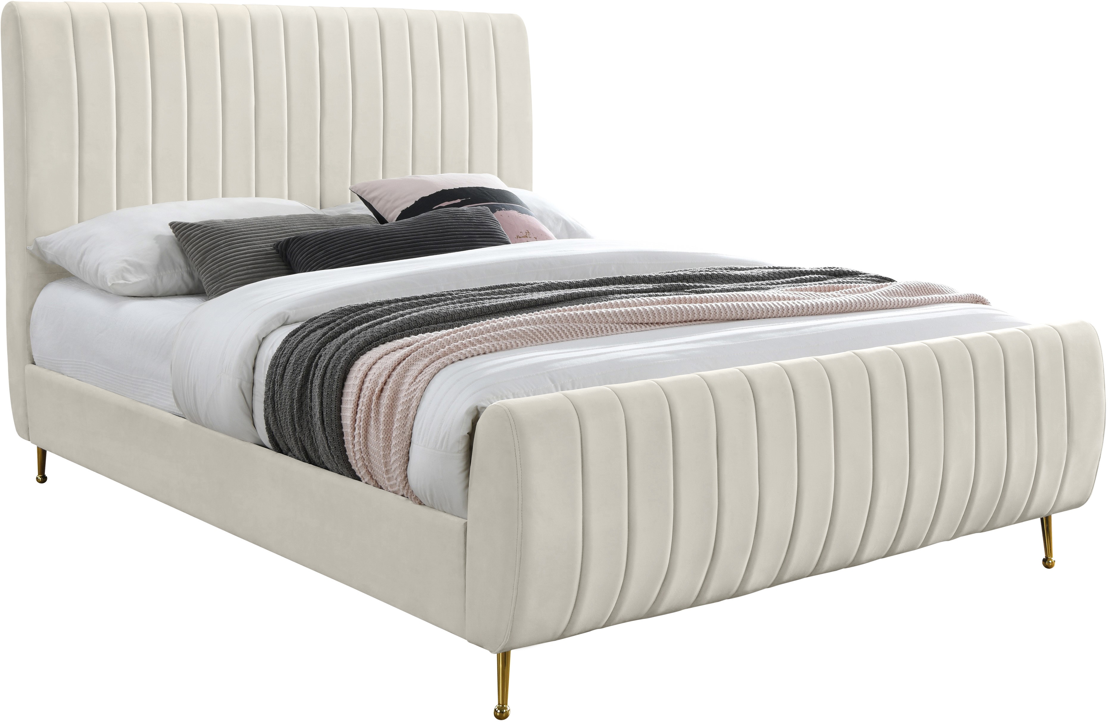 Meridian Furniture Zara Cream Velvet Queen Bed 3 Boxes Zaracream Q Mattress Queen
