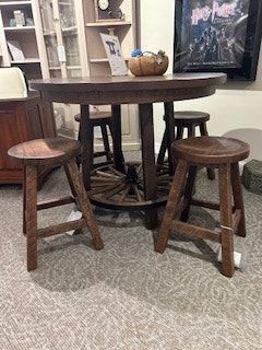 Meadow View 48" Round Table + 4 Stools Custom Reclaimed Barnwood Custom Size + Finish Wagon Wheel Counter Height Dining Set