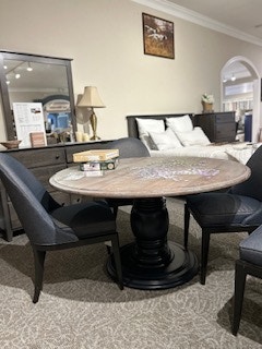 Zimmerman Chair Custom Pedestal Table Program 54" Round two tone. Navy blue/ Weathered White Wash 4 upholstered navy blue chairs Vineyard 54" Round Dining Set