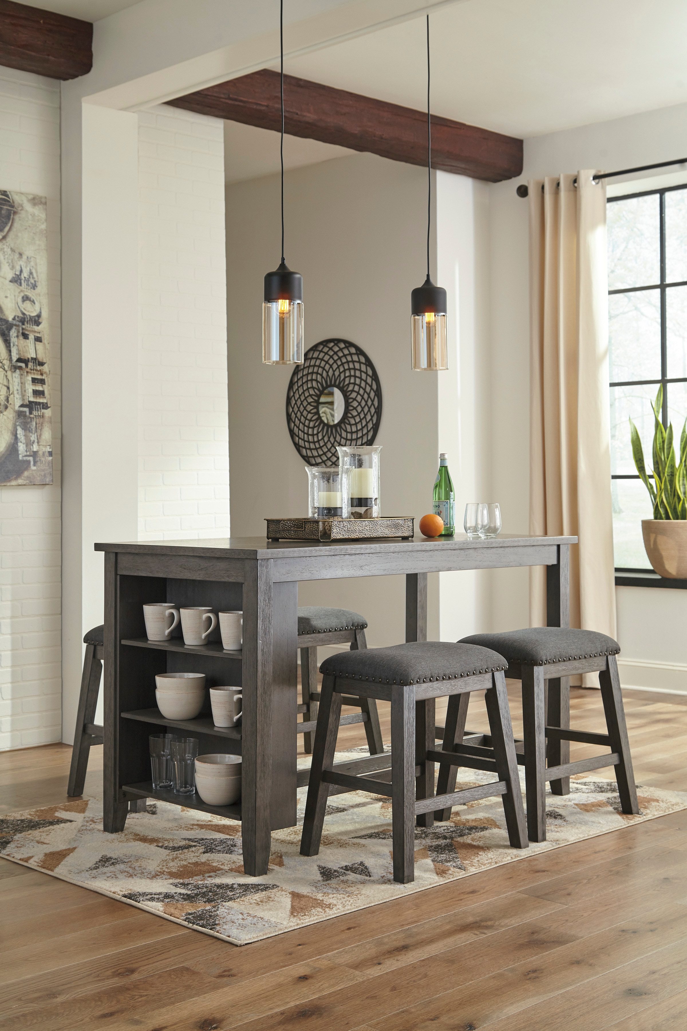 pub table with shelves