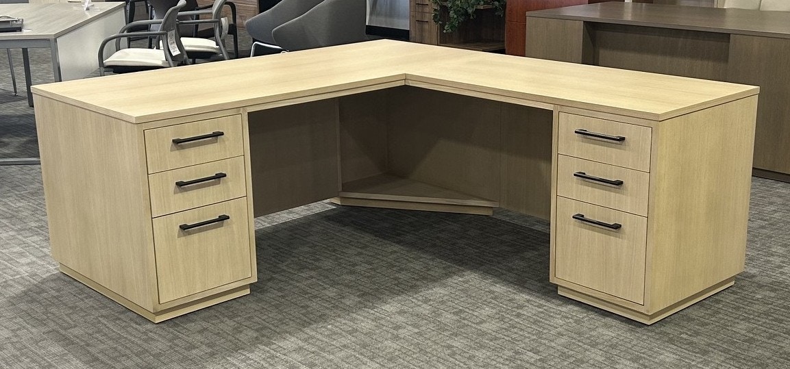  Mirella contemporary L-Shape desk has beautiful clean lines. Made of rift cut oak, available in 9 colors and with a host of handle options,  MIR-O-LSHAPE