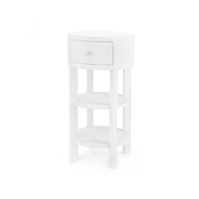  Claudette 1-Drawer Round Side Table, White and Nickel 