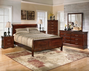 Louis Philippe III Cherry Twin Sleigh Bed w/Dresser and Mirror