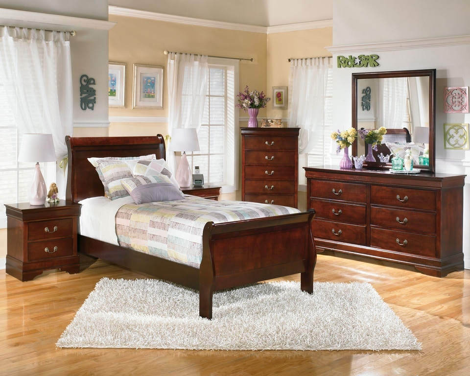 Louis Philippe III Cherry Twin Sleigh Bed w/Dresser and Mirror