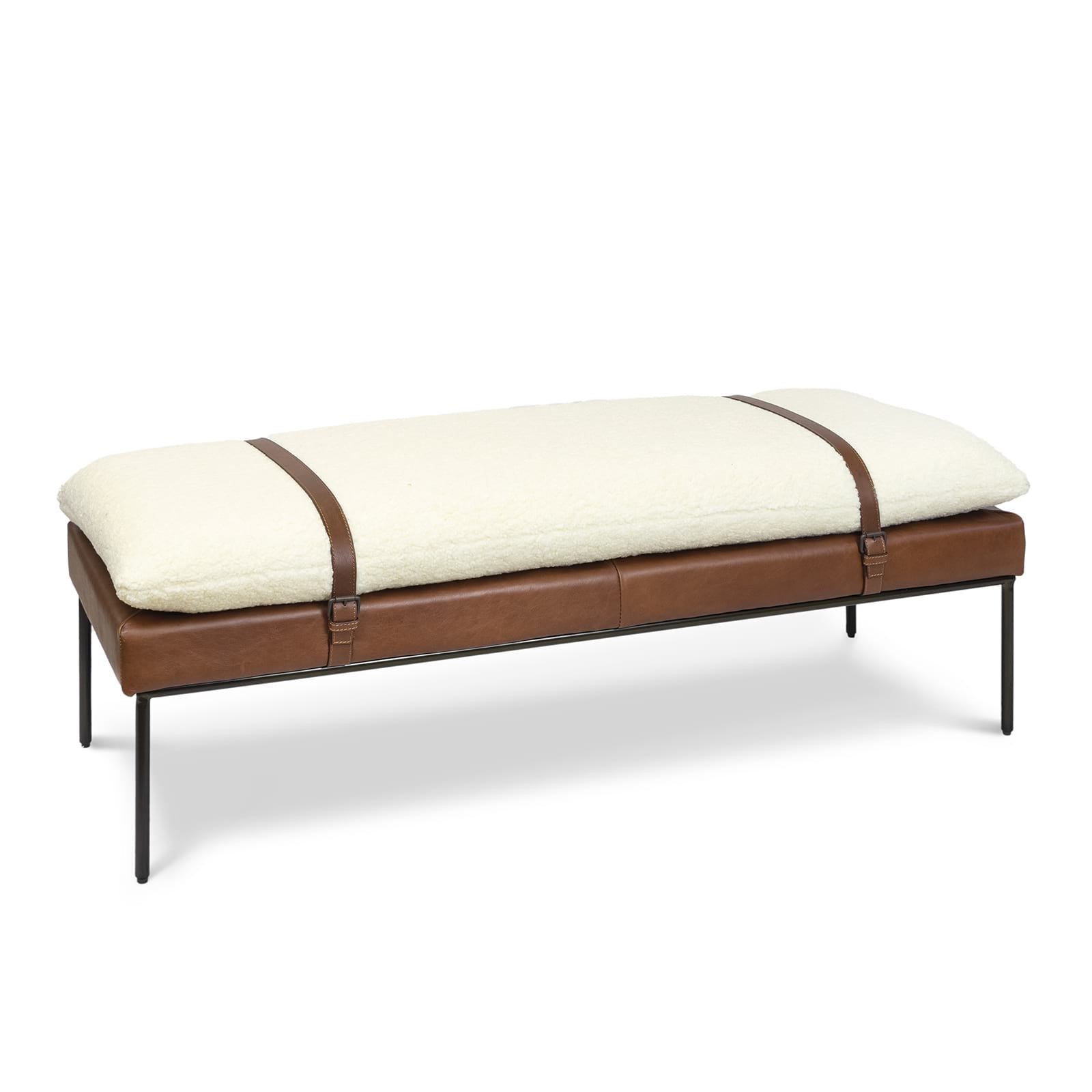  Aspen Leather and Boucle Faux Wool Bench 